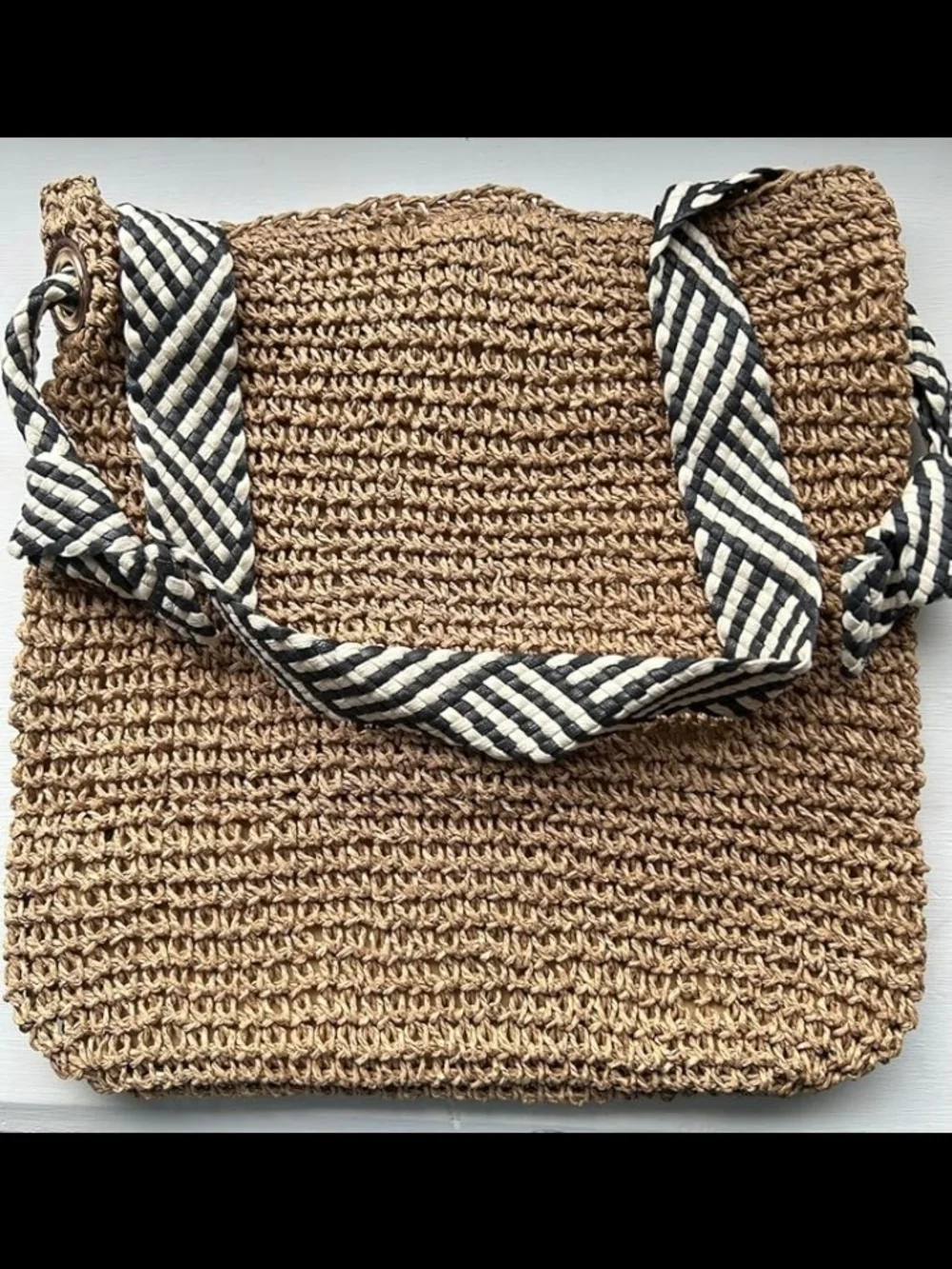 New Boho Handwoven Straw Large Tote  Shoulder Bag With Chevron Geometric Strap